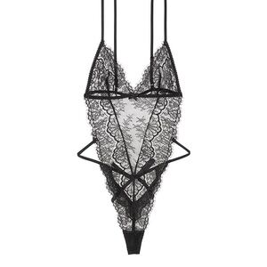 Victoria's Secret Very Sexy Black Lace Strappy Teddy Bodysuit Lingerie Size S NW